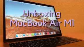 Unboxing My very First MacBook Air M1 2020 256GB (GOLD) in 2023 | Hellog1