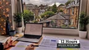12 HOUR STUDY WITH ME on A RAINY DAY | Background noise, 10 min Break, No music, Study with Merve