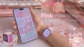PINK iPhone 15 Plus & Apple Watch series 9 unboxing 🌸 cozy pink aesthetic asmr ✨ maono gamerwave