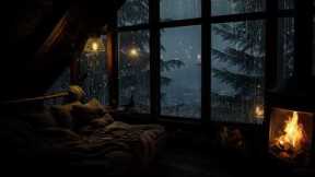 Rain on window in Cozy Attic Ambience with Fireplace Burnings to Warm up and Relaxation